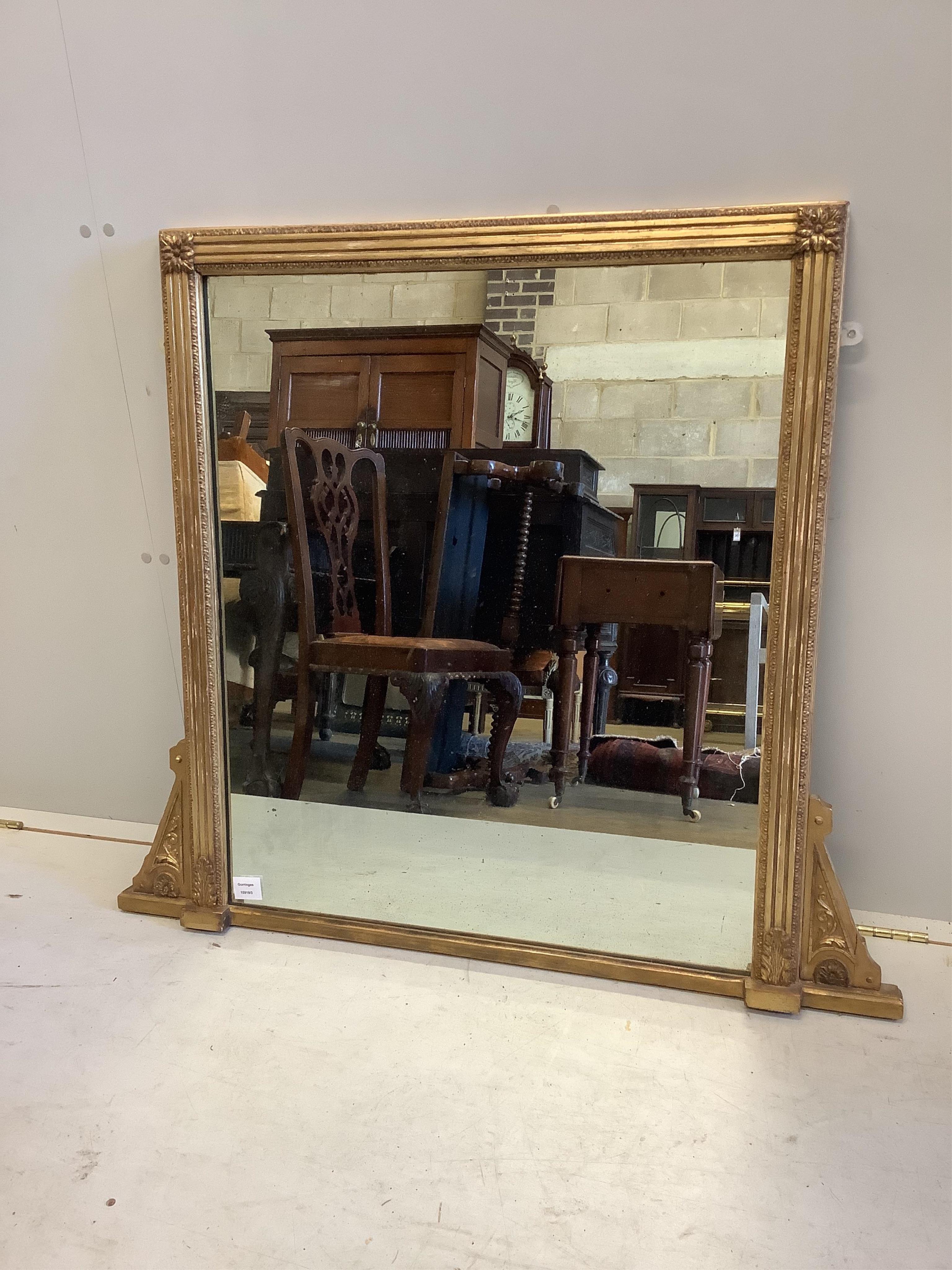 A Victorian giltwood and composition overmantel mirror, width 104cm, height 91cm. Condition - fair to good